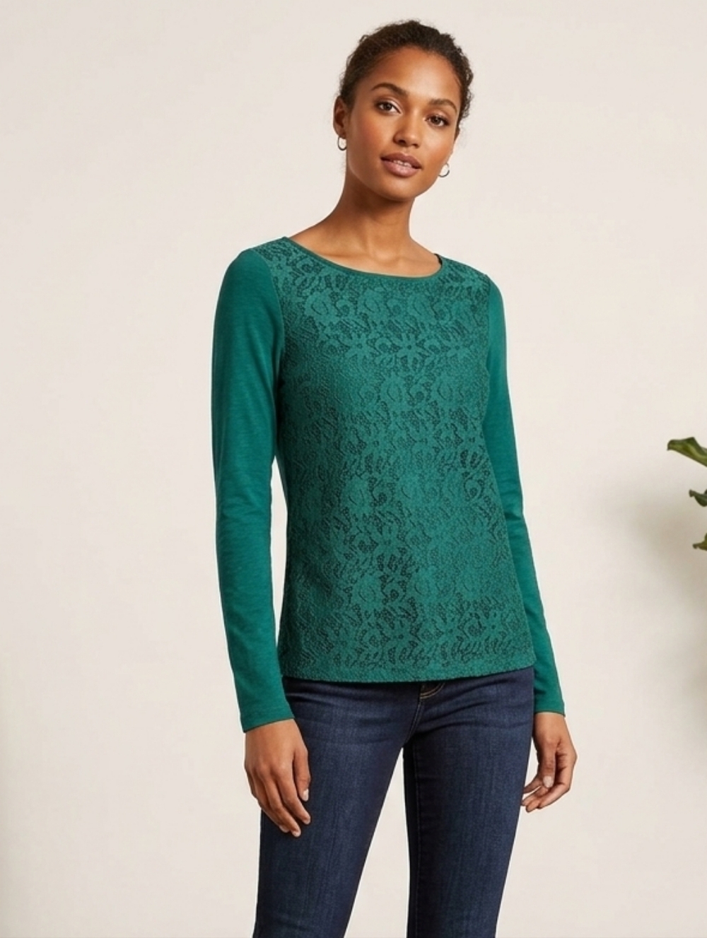LOFT Women's Green Lace Front Long-Sleeve Top